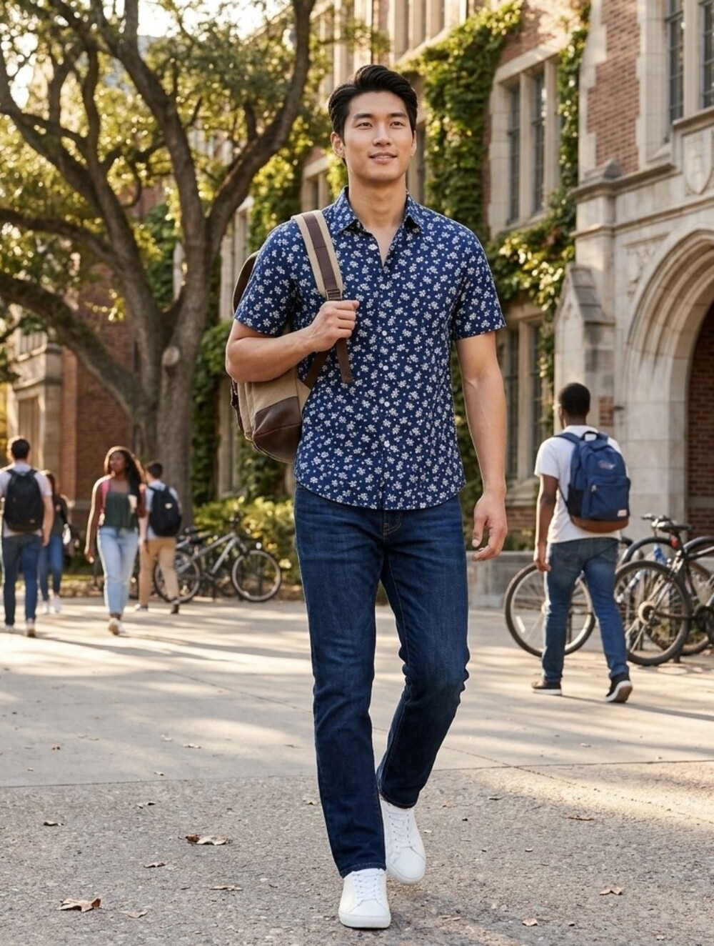 H&M Dark Blue Floral Button Down Slim Fit Shirt, L